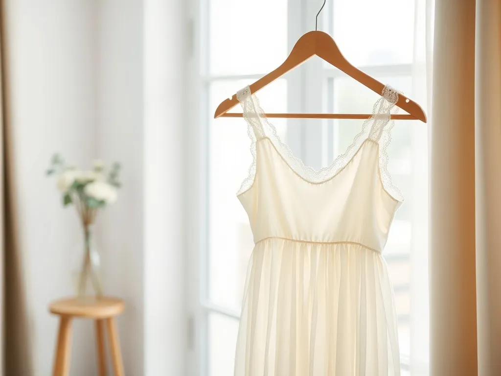 Delikatna, wiosenna sukienka komunijna w pastelowym kolorze na wieszaku, w jasnym, eleganckim wnętrzu.