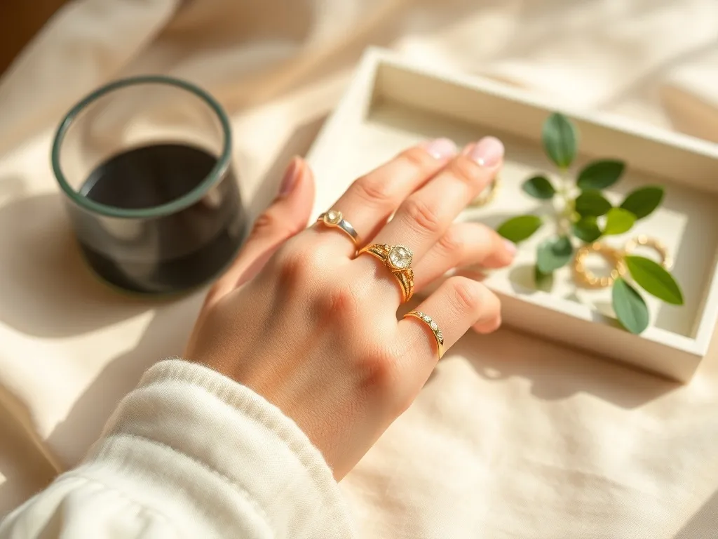Dłoń z minimalistycznymi złotymi i srebrnymi pierścionkami na beżowej tkaninie, w tle tacka z biżuterią i roślina