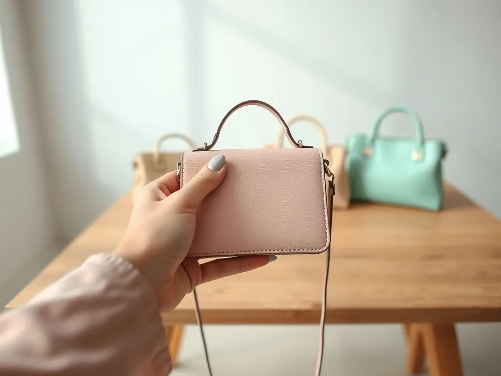 Dłoń stylowej kobiety trzyma małą pastelową torebkę wiosenną, w tle rozmyte torebki w modnych, jasnych kolorach.