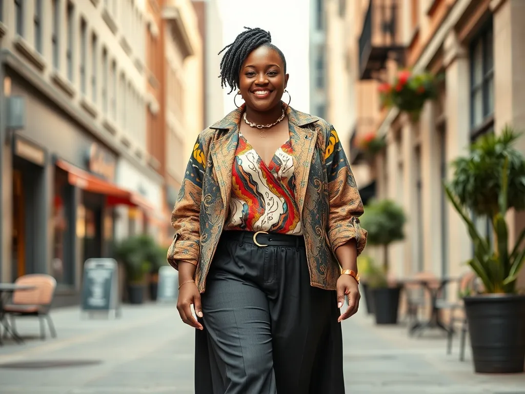 Pewna siebie kobieta plus size w kolorowej stylizacji idzie ulicą, prezentując oryginalną modę i wyraziste dodatki.