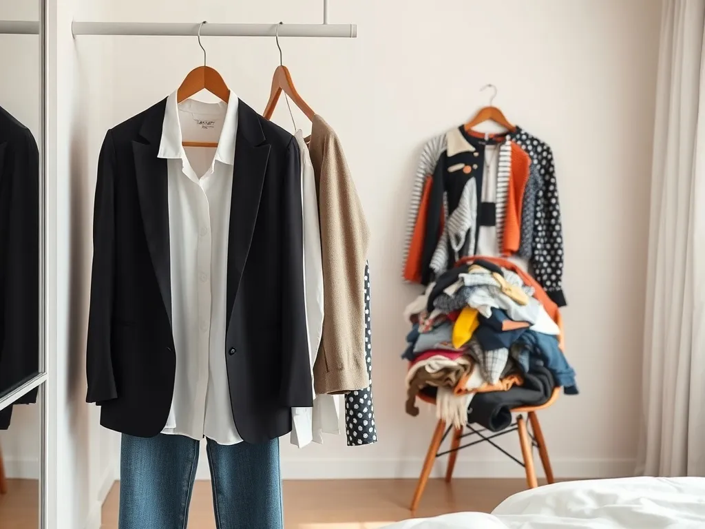 Minimalistyczna szafa z ponadczasowymi ubraniami kontra w tle bałagan krzykliwych, niemodnych ciuchów na krześle.