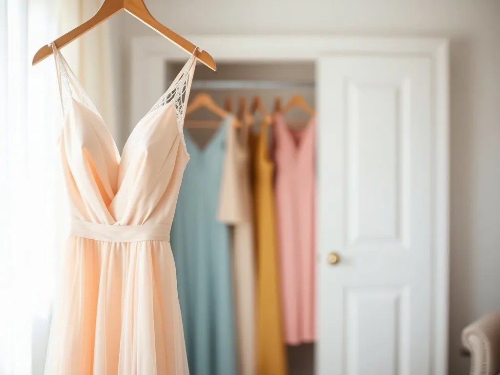 Pastelowa sukienka na wesele na wieszaku, w tle rozmyta szafa z kolorowymi kreacjami w różnych fasonach.
