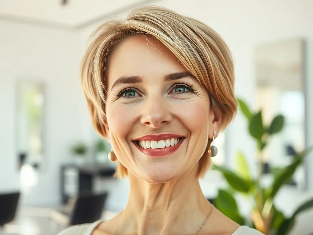 Uśmiechnięta dojrzała kobieta z modnym krótkim cieniowanym cięciem w nowoczesnym, jasnym salonie fryzjerskim