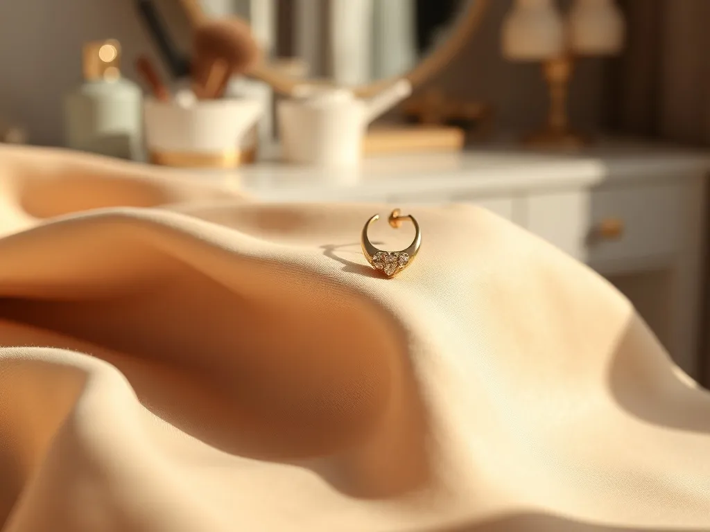 Zbliżenie eleganckich złotych kolczyków na beżowej tkaninie w ciepłym świetle, w kobiecej, luksusowej aranżacji.