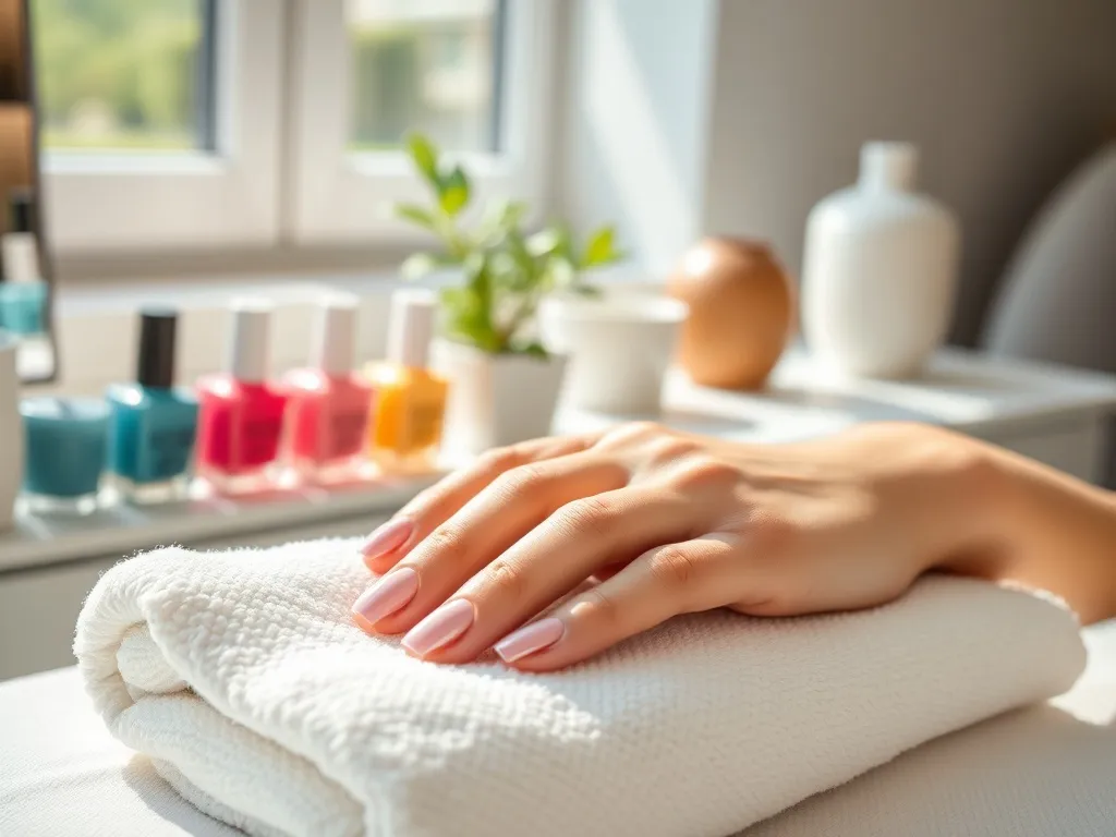Dłoń z pastelowym manicure i minimalistycznym zdobieniem paznokci na białym ręczniku w nowoczesnym, jasnym salonie.
