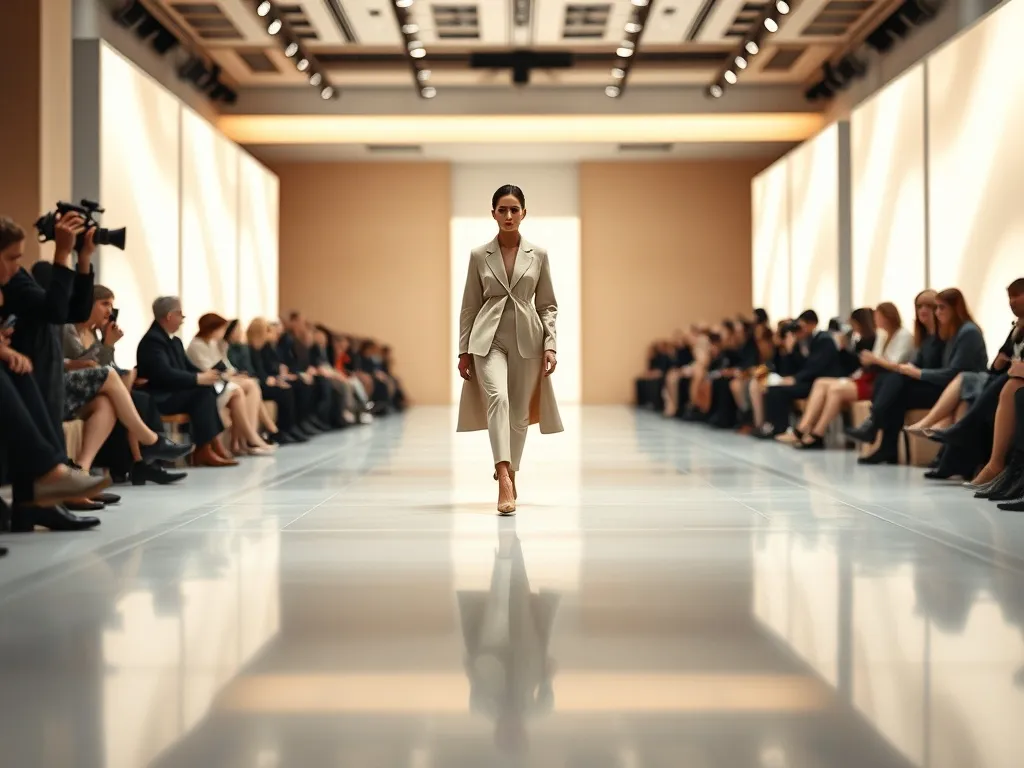 Modelka idąca po paryskiej wybiegu w minimalistycznej stylizacji, otoczona publicznością i fotografami w nowoczesnej hali.