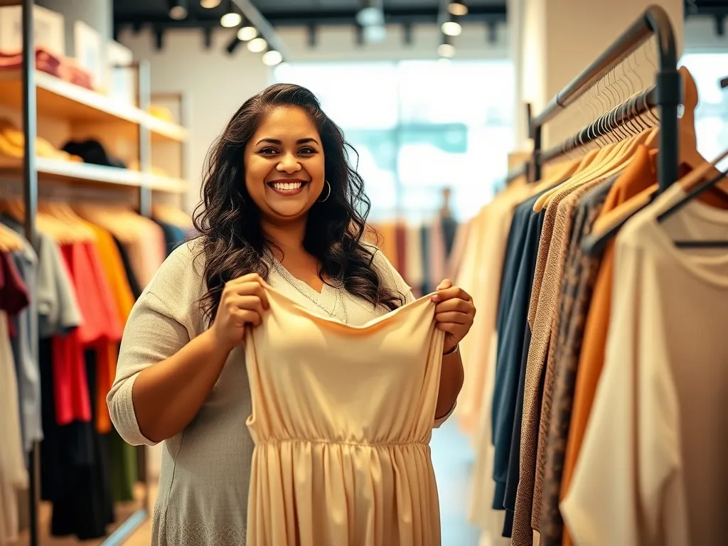 Radosna kobieta plus size wybiera wygodną sukienkę w jasnym, modnym butiku z ubraniami w większych rozmiarach.