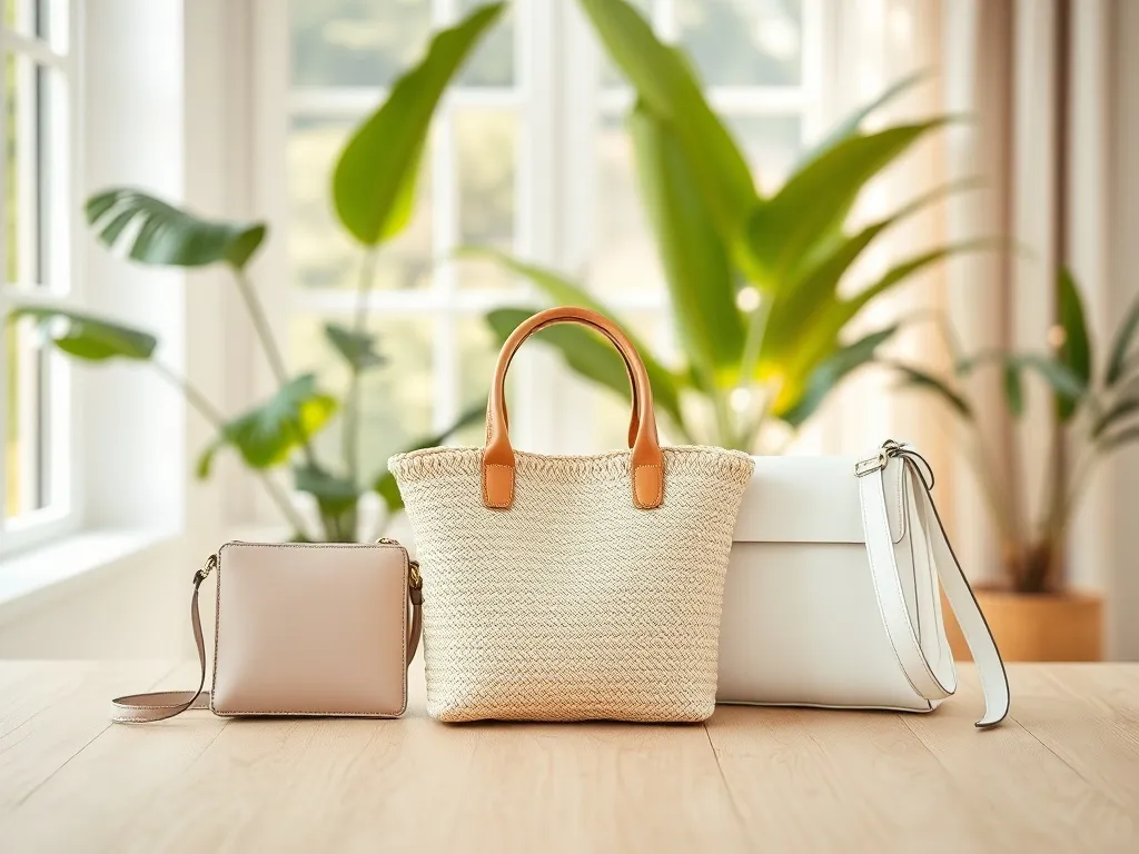 Trzy modne torebki damskie na jasnym stole, pastelowa listonoszka, słomkowa i biała, w lekkim wiosenno-letnim wystroju.