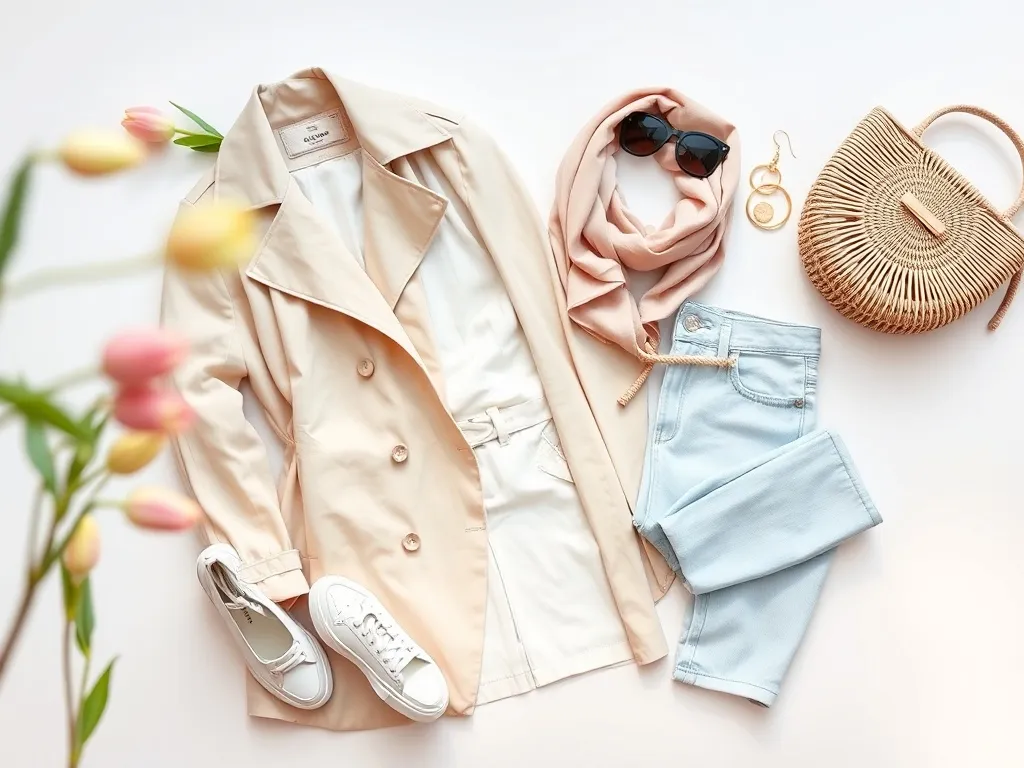 Minimalistyczny flat lay wiosennej stylizacji: beżowy trencz, jasne jeansy, białe sneakersy, apaszka, tulipany i pleciona torebka.