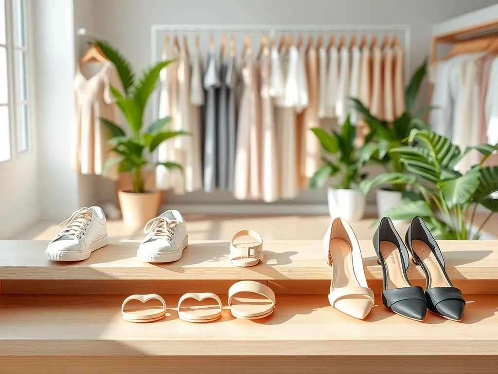 Minimalistyczna ekspozycja damskich butów wiosna-lato 2026 w pastelach, w tle jasne ubrania i zieleń, świeży nowoczesny klimat