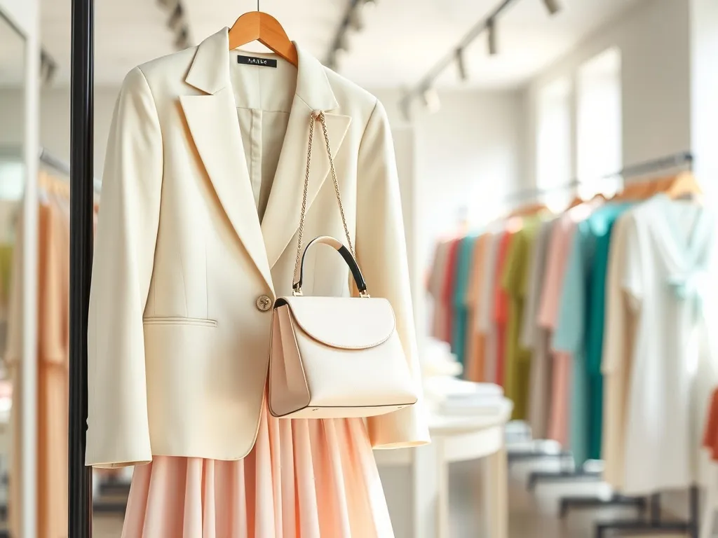 Pastelowy żakiet i spódnica Prada na wieszaku, w tle butik pełen wiosenno-letnich stylizacji w jasnych kolorach.