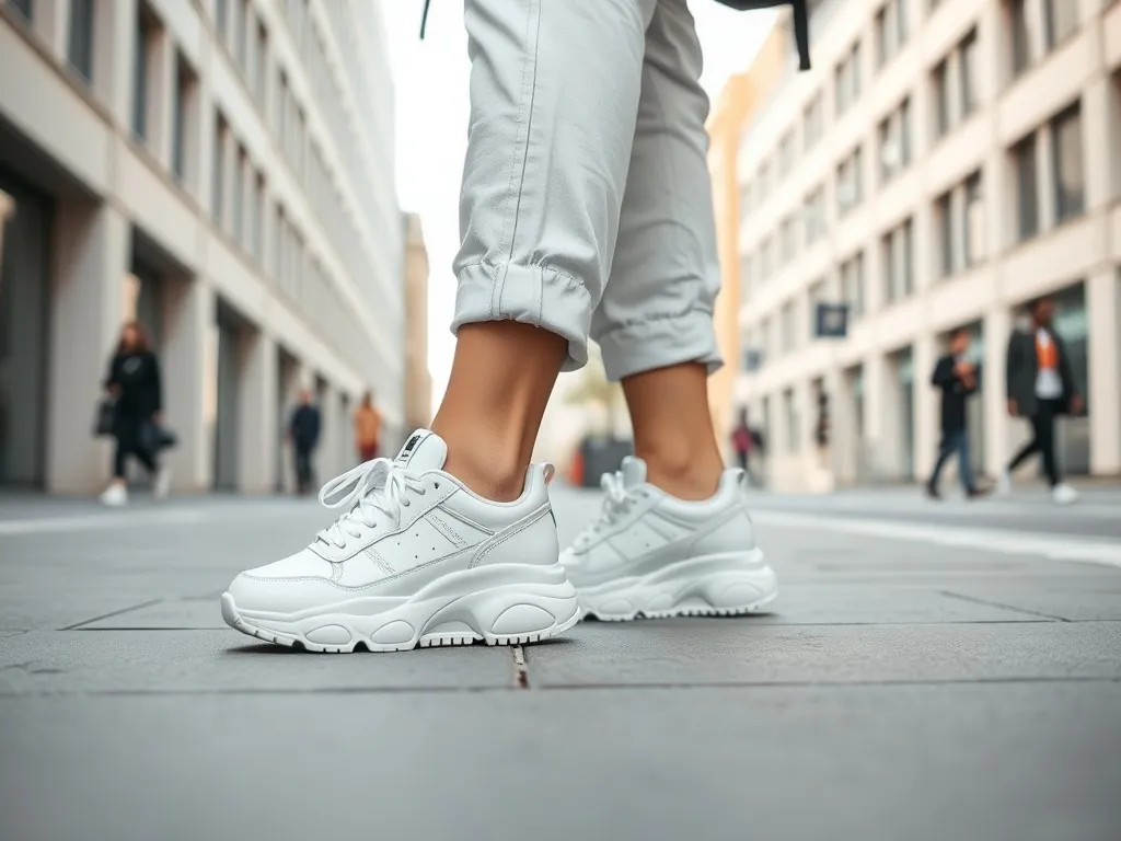 Stylowe białe chunky sneakersy damskie do pastelowych joggerów na miejskim chodniku, modny codzienny look w ruchu