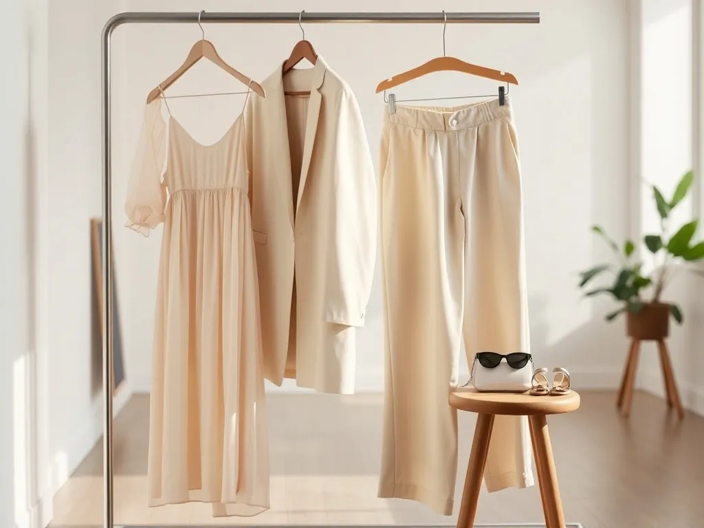 Minimalistyczny stojak z pastelowymi ubraniami i modnymi dodatkami, prezentujący trendy na sezon wiosna–lato 2026.