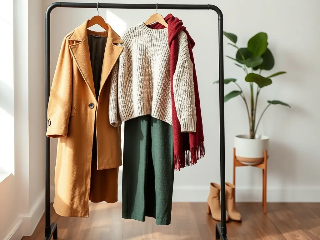 Minimalistyczny stojak z jesienno-zimowymi ubraniami w ciepłych barwach, tworzący przytulny i stylowy klimat