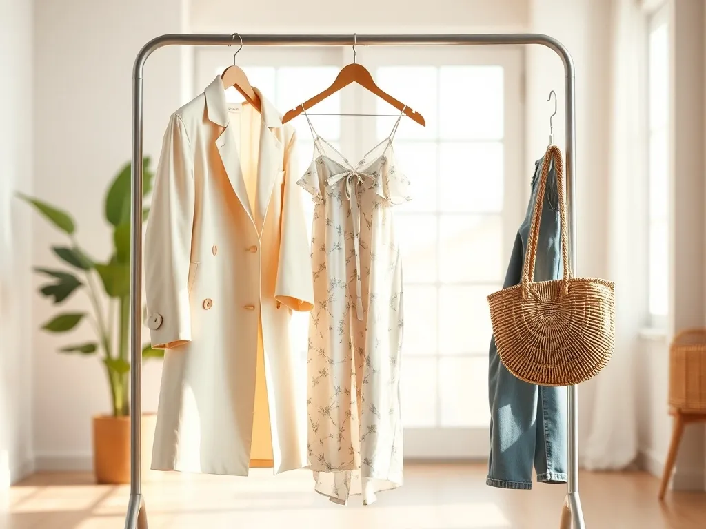 Pastelowe wiosenne stylizacje na minimalistycznym wieszaku w jasnym, przytulnym wnętrzu z dużym oknem i rośliną.