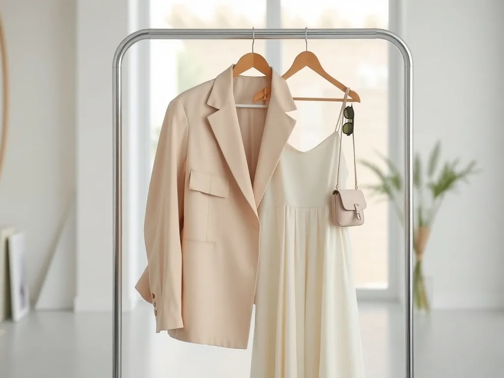 Minimalistyczny stojak z modnymi ubraniami w pastelach i dodatkami, w jasnym, eleganckim wnętrzu w stylu magazynu Vogue