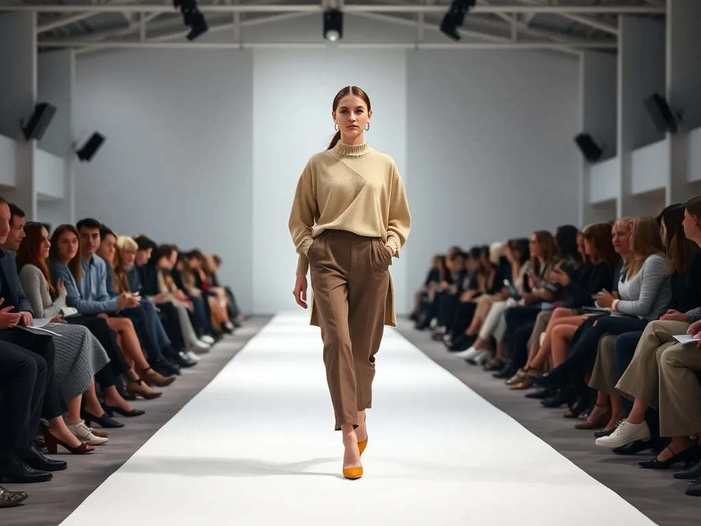 Modelka na minimalistycznym wybiegu w skandynawskiej stylizacji, prezentująca trendy z kopenhaskiego tygodnia mody.