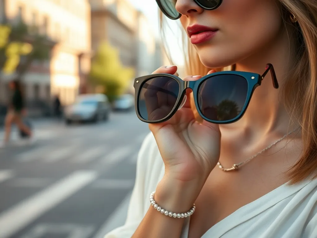 Elegancka kobieta trzyma modne okulary przeciwsłoneczne, prezentując stylowy letni look w neutralnych kolorach.