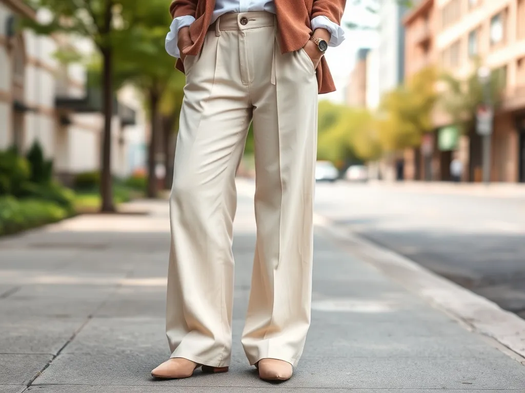 Kobieta w jasnych, szerokich spodniach z wysokim stanem na wiosennym miejskim chodniku, lekki, minimalistyczny styl.