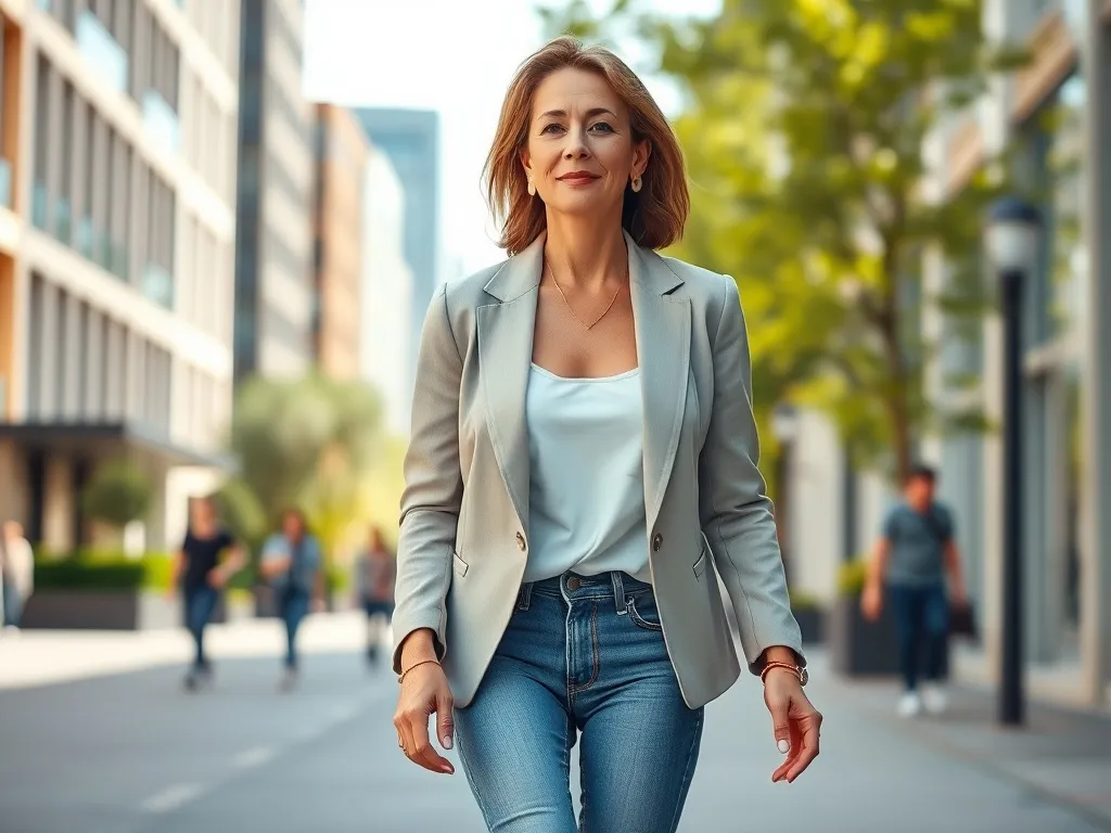 Kobieta po czterdziestce w modnej, odmładzającej stylizacji casual na słonecznej, miejskiej ulicy