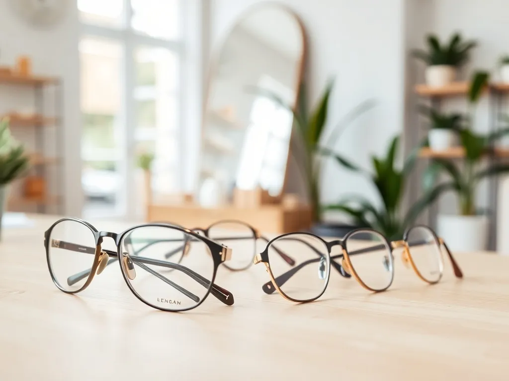 Eleganckie, nowoczesne oprawki okularów w różnych kształtach i kolorach, ułożone na jasnym drewnianym stole w salonie optycznym.