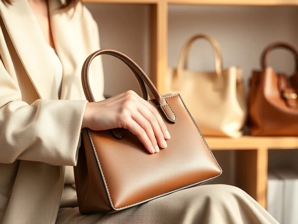 Elegancka skórzana torebka na kolanach kobiety, w tle półka z modnymi torebkami w neutralnych i pastelowych kolorach.