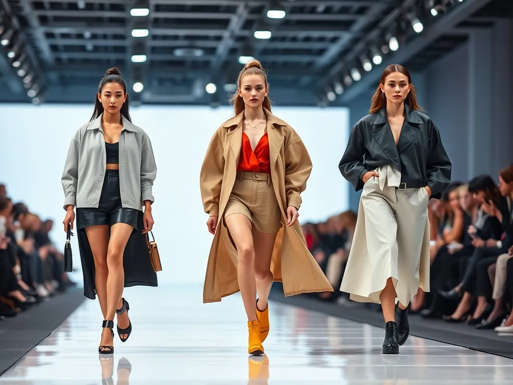 Trzy modelki na wybiegu prezentują minimalistyczne stylizacje w odważnych kolorach, zapowiadając przyszłe trendy mody