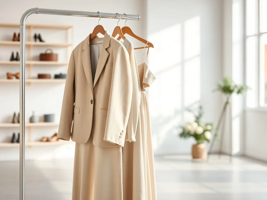 Minimalistyczny wieszak z ubraniami w neutralnych barwach, zapowiadający nadchodzące trendy mody w nowoczesnym, jasnym wnętrzu.