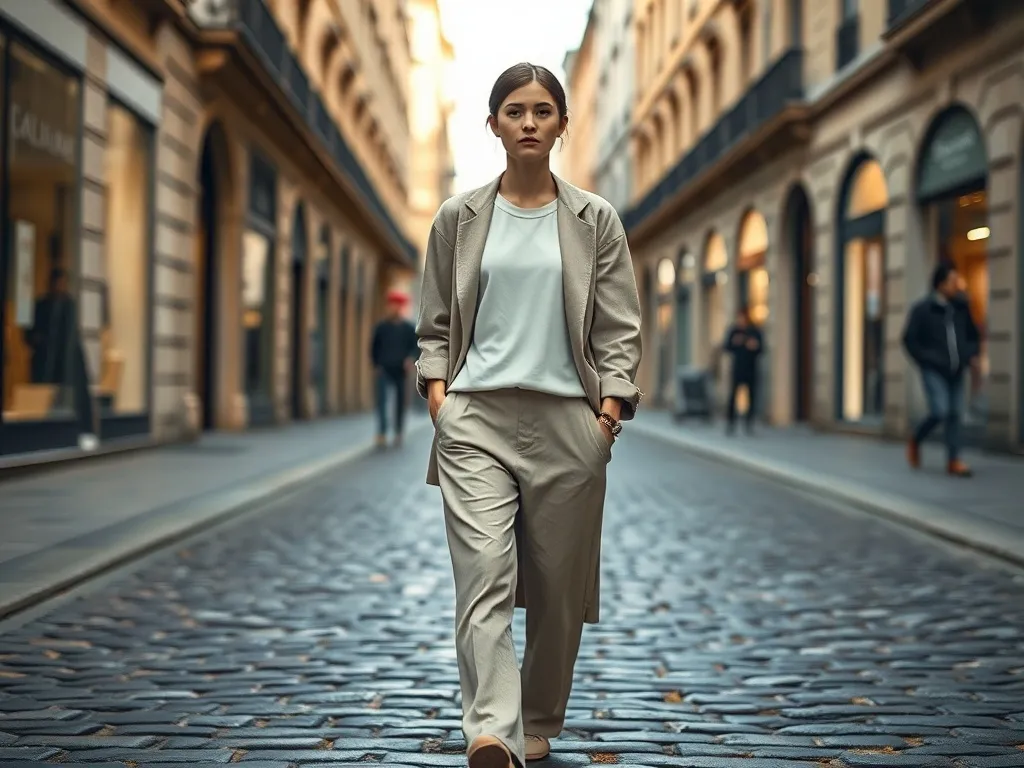 Młoda osoba w minimalistycznym, neutralnym stroju idzie brukowaną ulicą, prezentując aktualne polskie trendy streetwearowe.