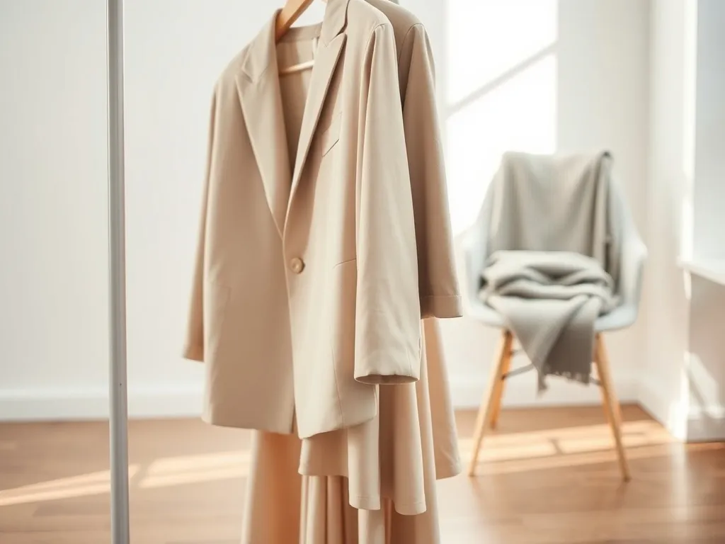 Minimalistyczny wieszak z ubraniami w stonowanych barwach, ukazujący kluczowe trendy i eleganckie, nowoczesne stylizacje.