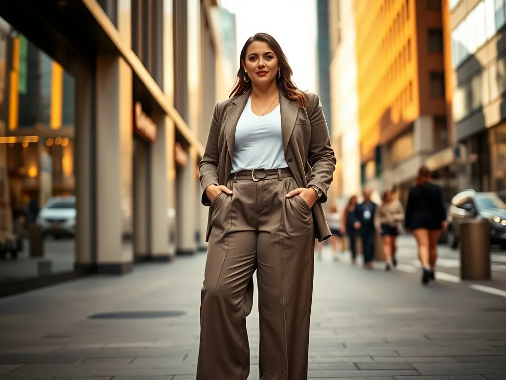Pewna siebie kobieta plus size w modnym zestawie na mieście, prezentuje stylowe spodnie, żakiet i botki w miejskiej scenerii.