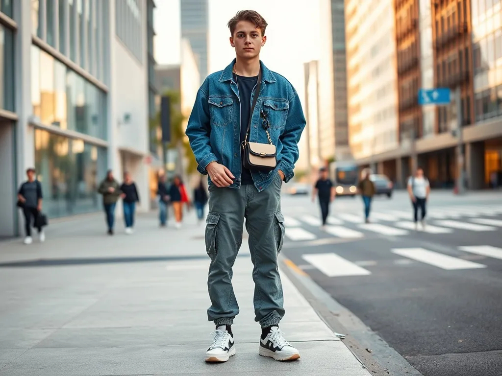 Młoda osoba w oversize’owej dżinsowej kurtce, luźnych bojówkach i masywnych sneakersach, prezentuje współczesny streetwear.