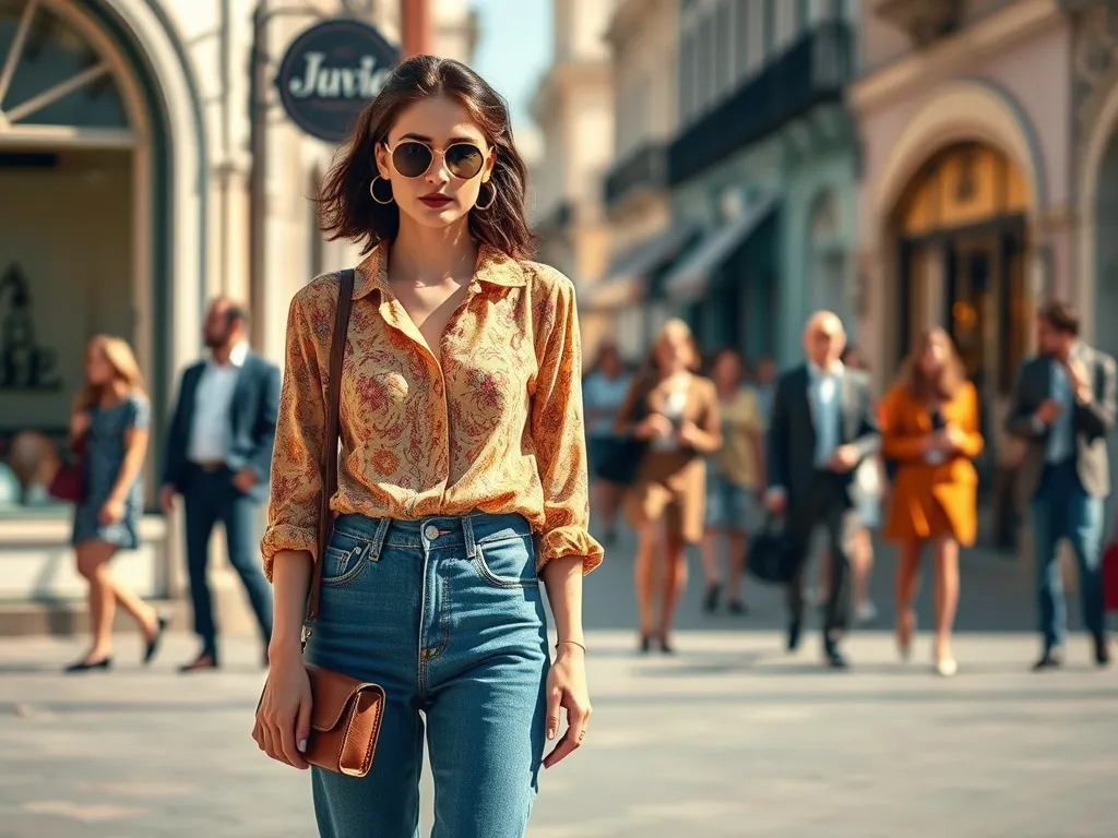 Stylowa kobieta w retro jeansach i okrągłych okularach na pastelowej ulicy, symbol powrotu dawnych trendów modowych