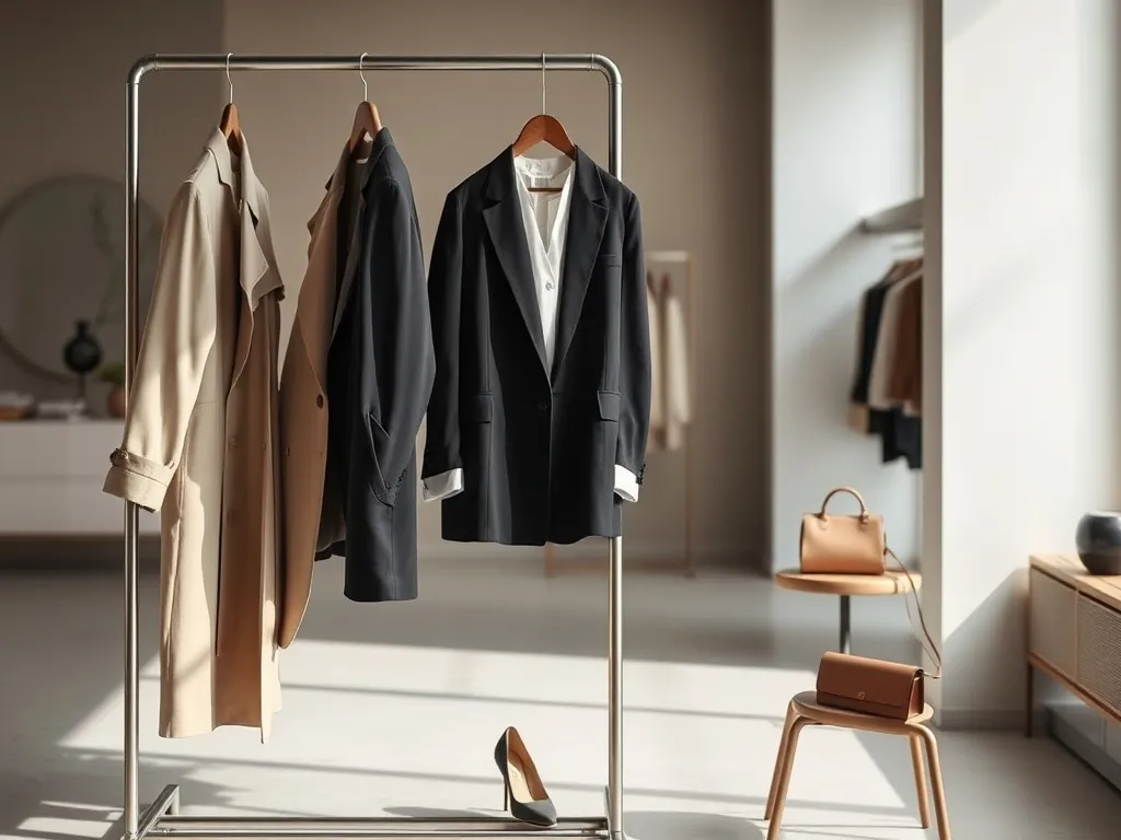 Minimalistyczny stojak z modnymi ubraniami i dodatkami w neutralnych barwach, ilustrujący styl high fashion trendy.