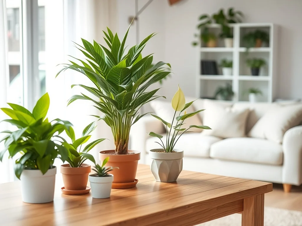 Jasny salon z kilkoma doniczkowymi roślinami oczyszczającymi powietrze, tworzącymi świeżą, naturalną atmosferę wnętrza.