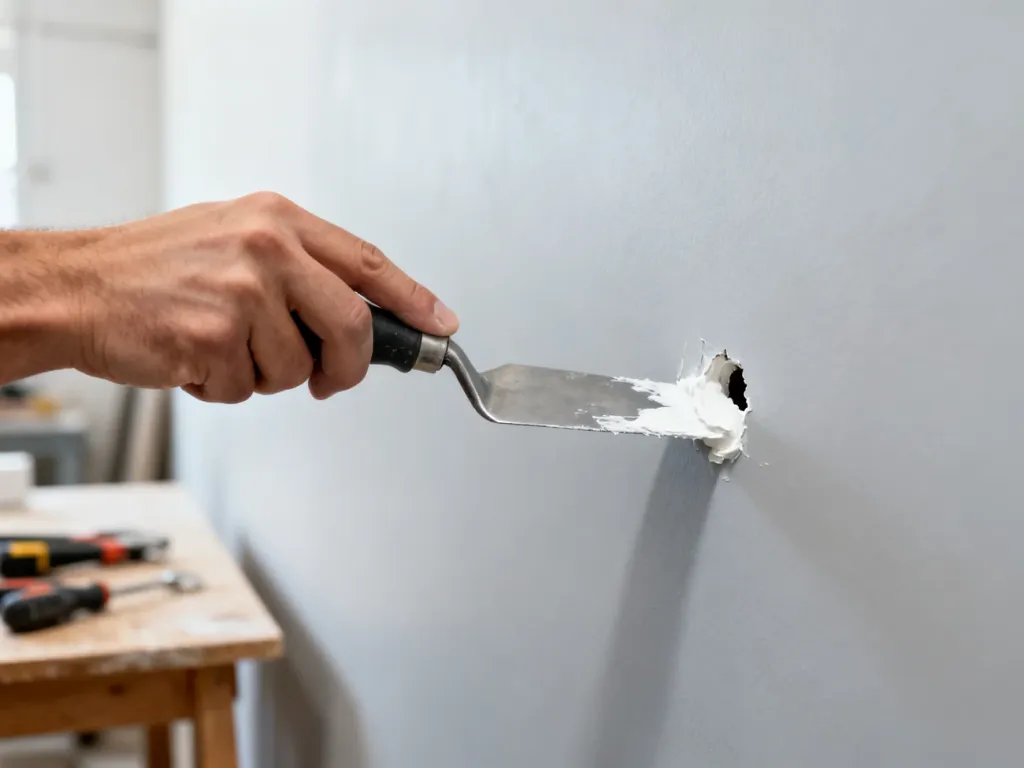 Dłoń nakładająca białą szpachlę metalową szpachelką w otwór na jasnoszarej ścianie.