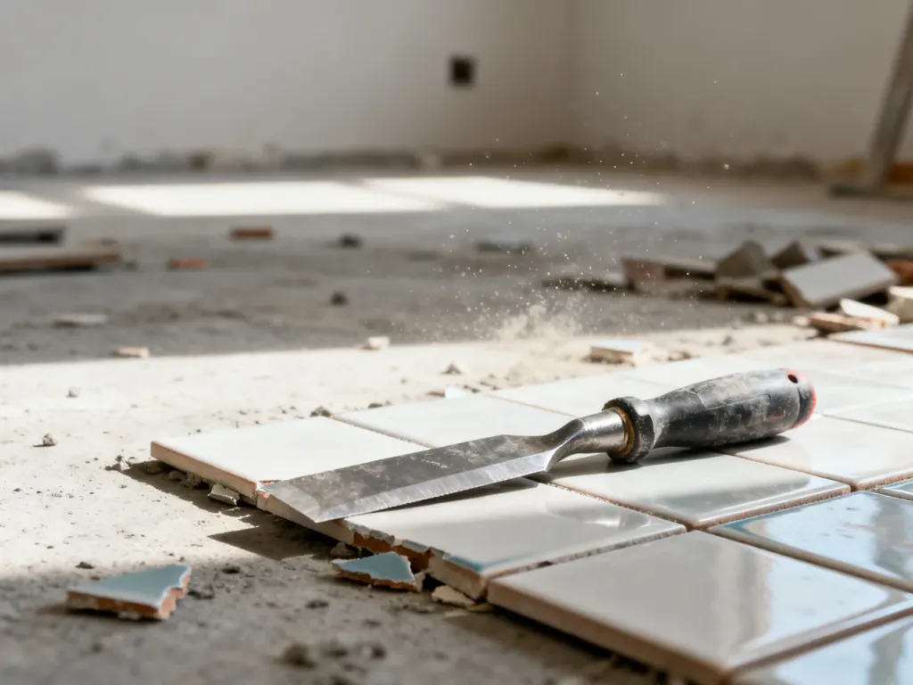 Profesjonalne dłuto metalowe umieszczone na częściowo skutej płytce ceramicznej podczas prac remontowych.