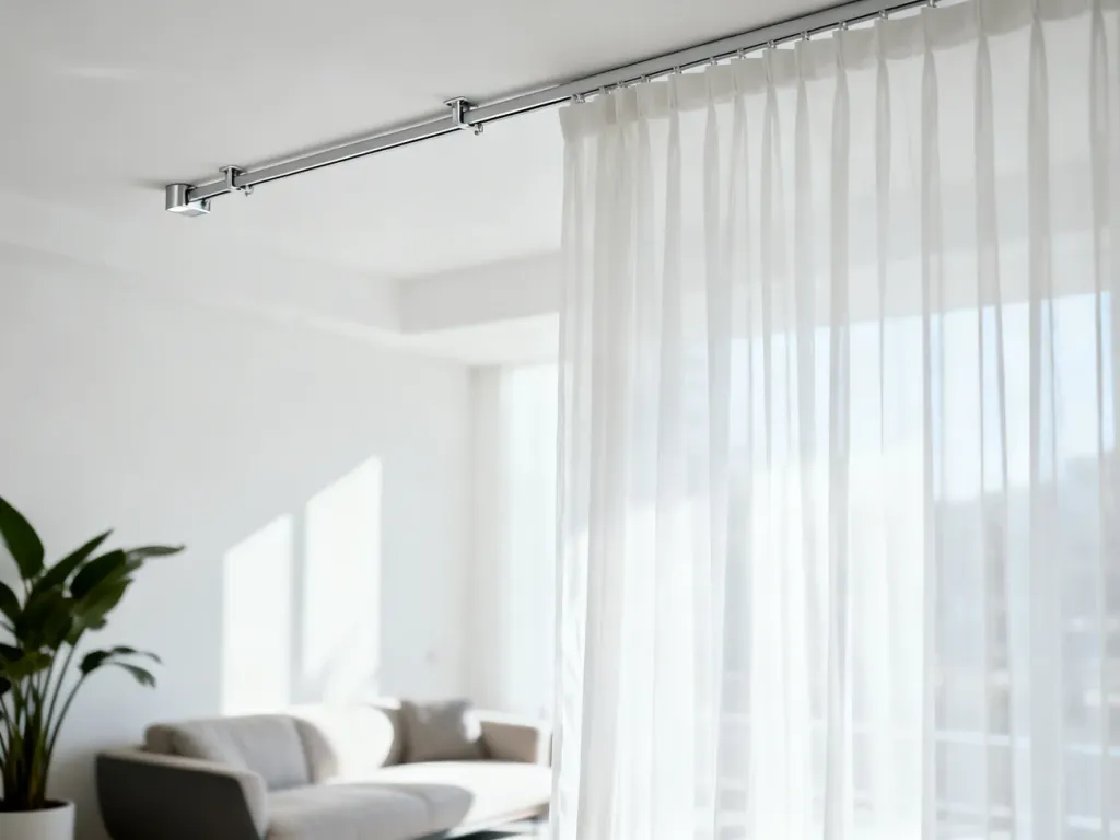 Nowoczesna szyna sufitowa z eleganckimi, jasnymi zasłonami w minimalistycznym salonie, subtelnie rozpraszająca światło.
