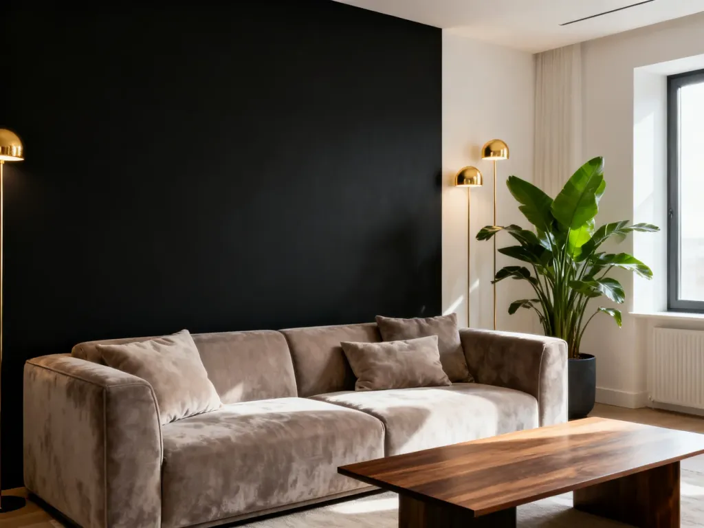 Nowoczesny salon z czarną ścianą akcentową, jasną sofą i złotymi dodatkami, tworzący eleganckie i przytulne wnętrze.