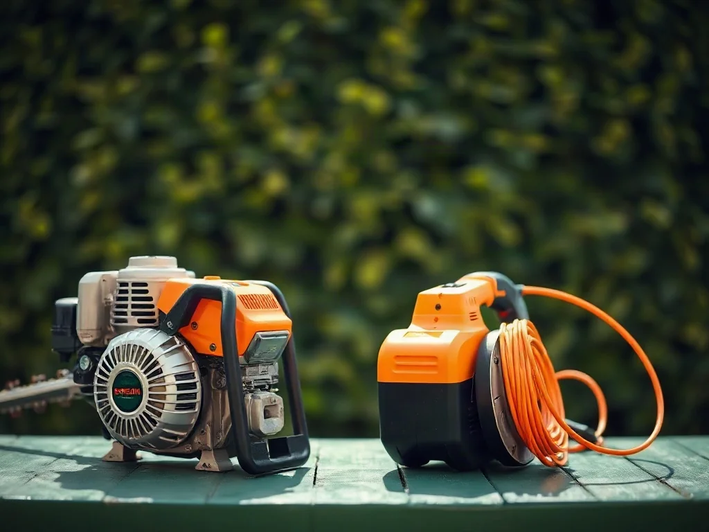 Porównanie spalinowych i elektrycznych nożyc do żywopłotu ustawionych obok siebie na ogrodowym stole.