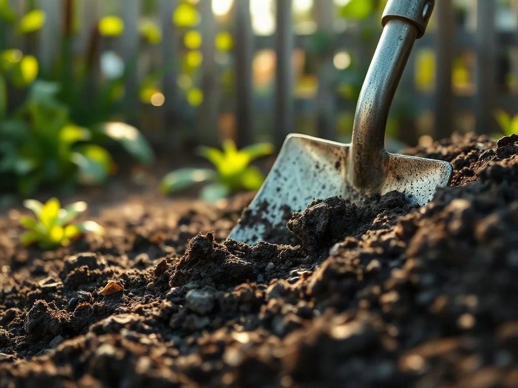 Metalowa łopata wbita w żyzną, spulchnioną ziemię w ogrodzie, gotową do sadzenia roślin.