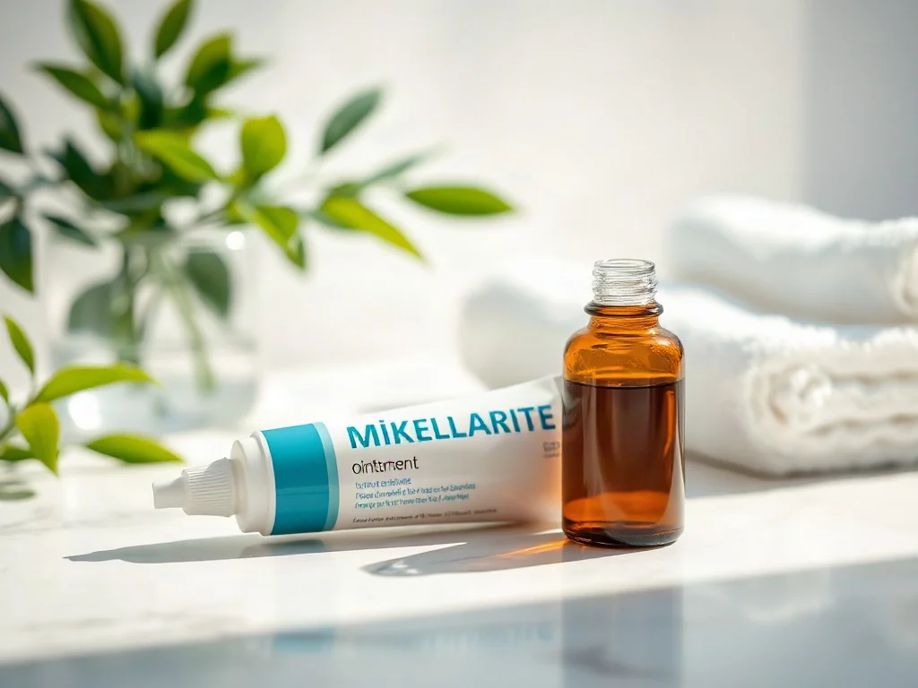 Tubka maści i szklana butelka z kroplomierzem na marmurowym blacie, symbolizujące profesjonalne leczenie infekcji grzybiczej.