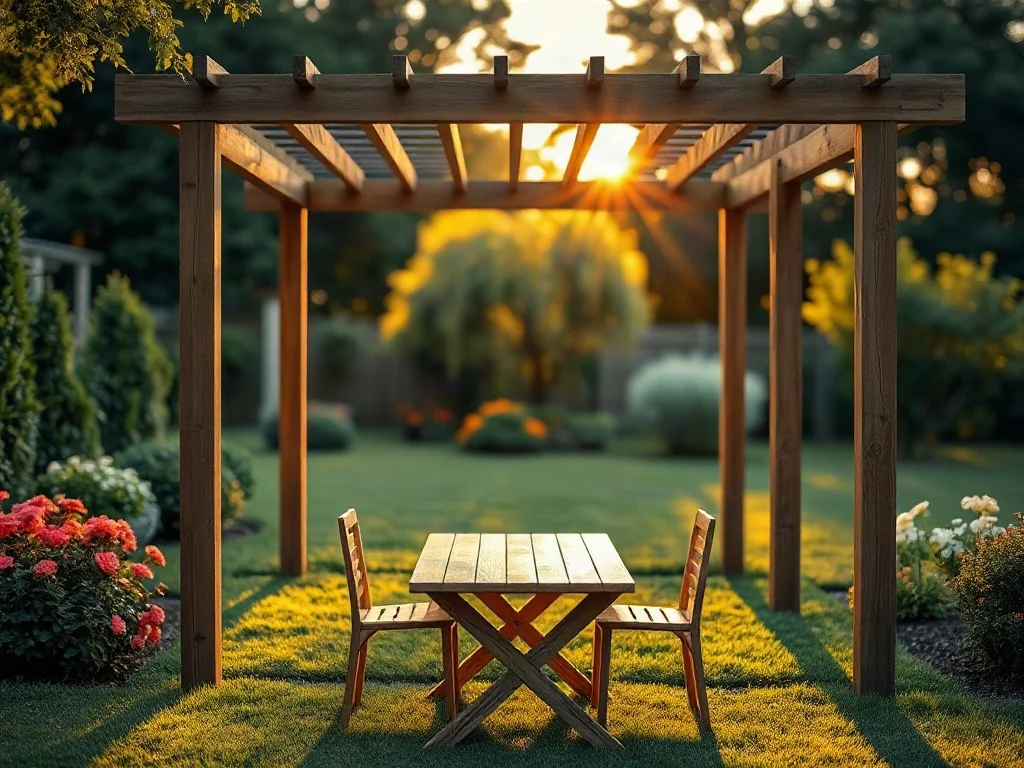 Nowoczesna drewniana pergola w ogrodzie z zestawem wypoczynkowym w promieniach zachodzącego słońca.
