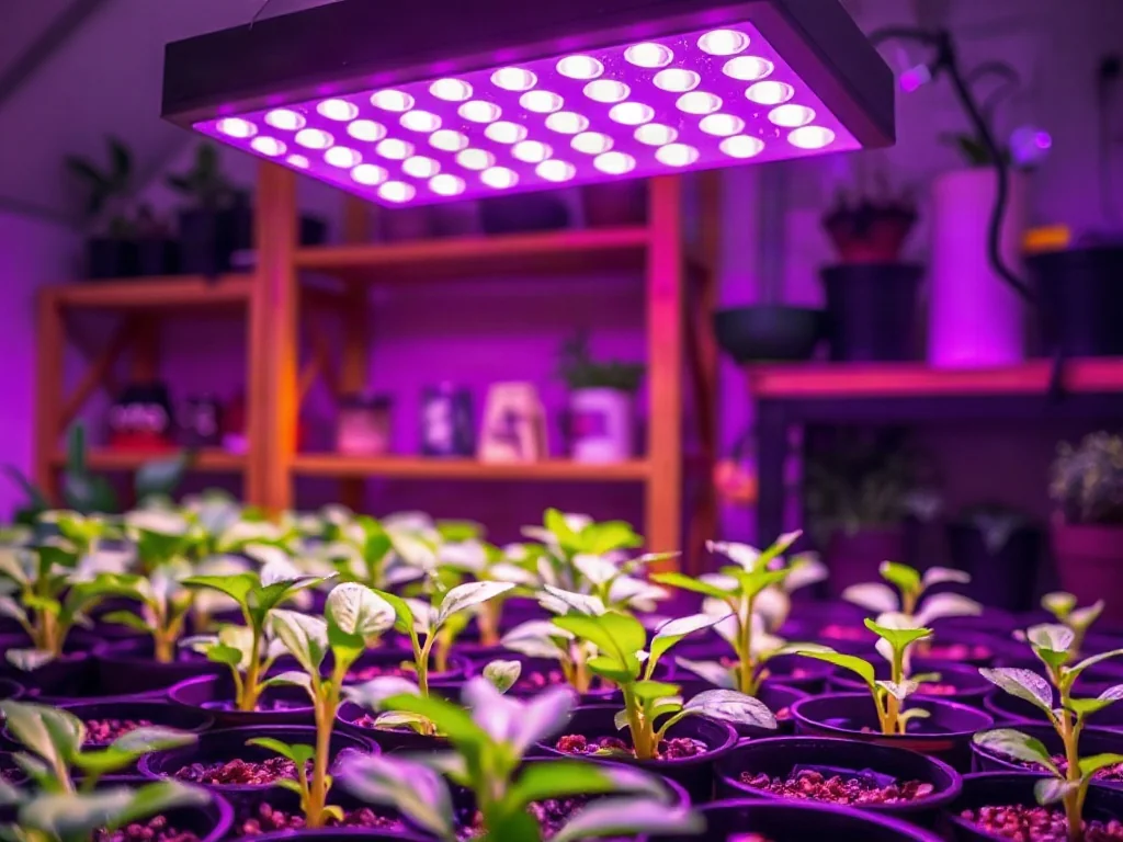 Profesjonalna lampa LED oświetlająca młode sadzonki w doniczkach, wspierająca ich zdrowy wzrost w domowej szklarni.