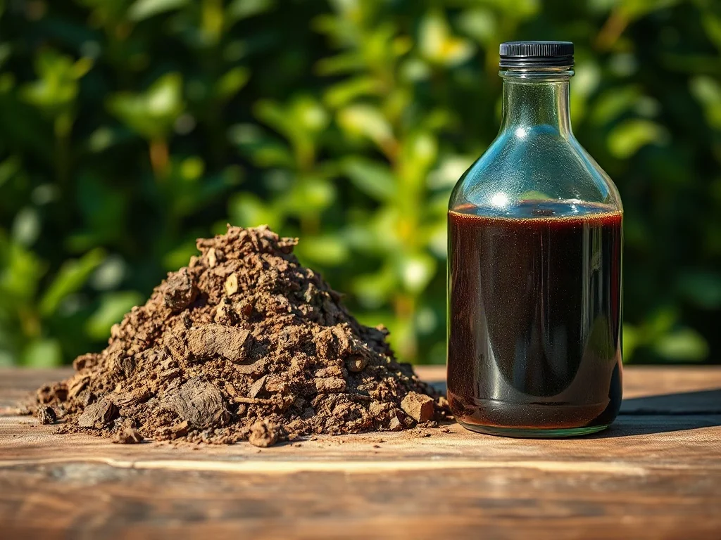 Porównanie naturalnego obornika w formie kompostu oraz płynnego biohumusu w szklanej butelce na drewnianym stole.