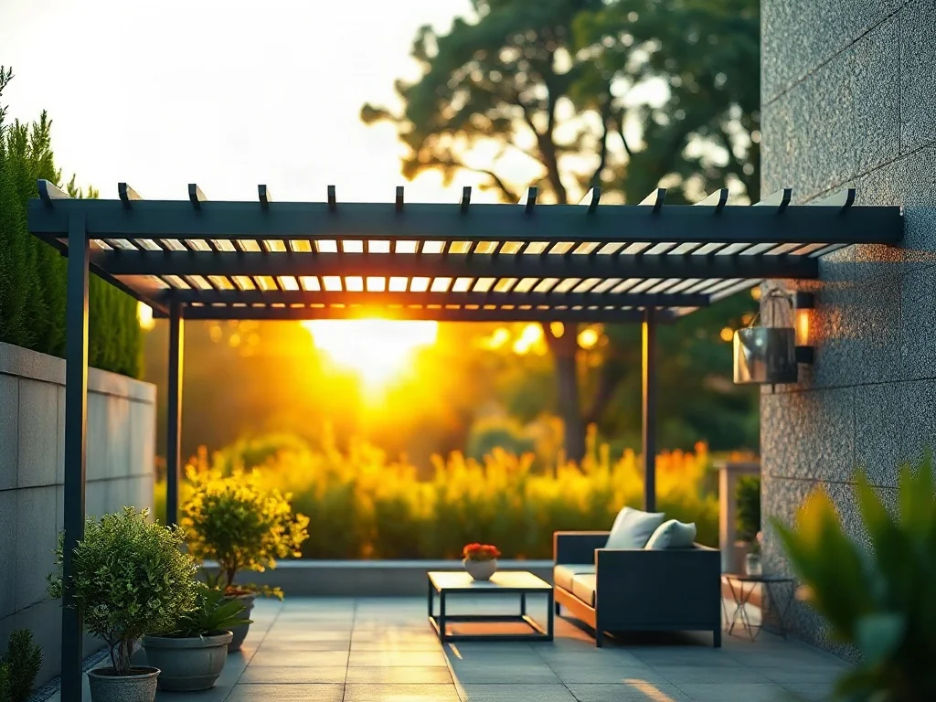 Nowoczesna pergola przyścienna z aluminiowym zadaszeniem nad przytulnym kącikiem wypoczynkowym na tarasie.