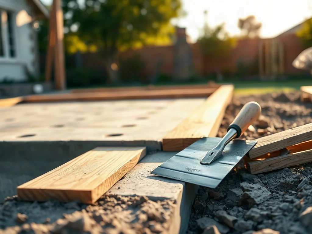 Świeżo wylany betonowy fundament pod ogrodzenie z widoczną kielnią i szalunkami na tle ogrodu w porannym świetle.