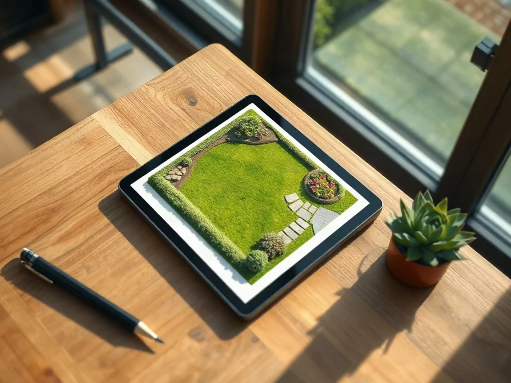 Tablet z wizualizacją 3D ogrodu leżący na biurku architekta obok planów i przyborów kreślarskich.