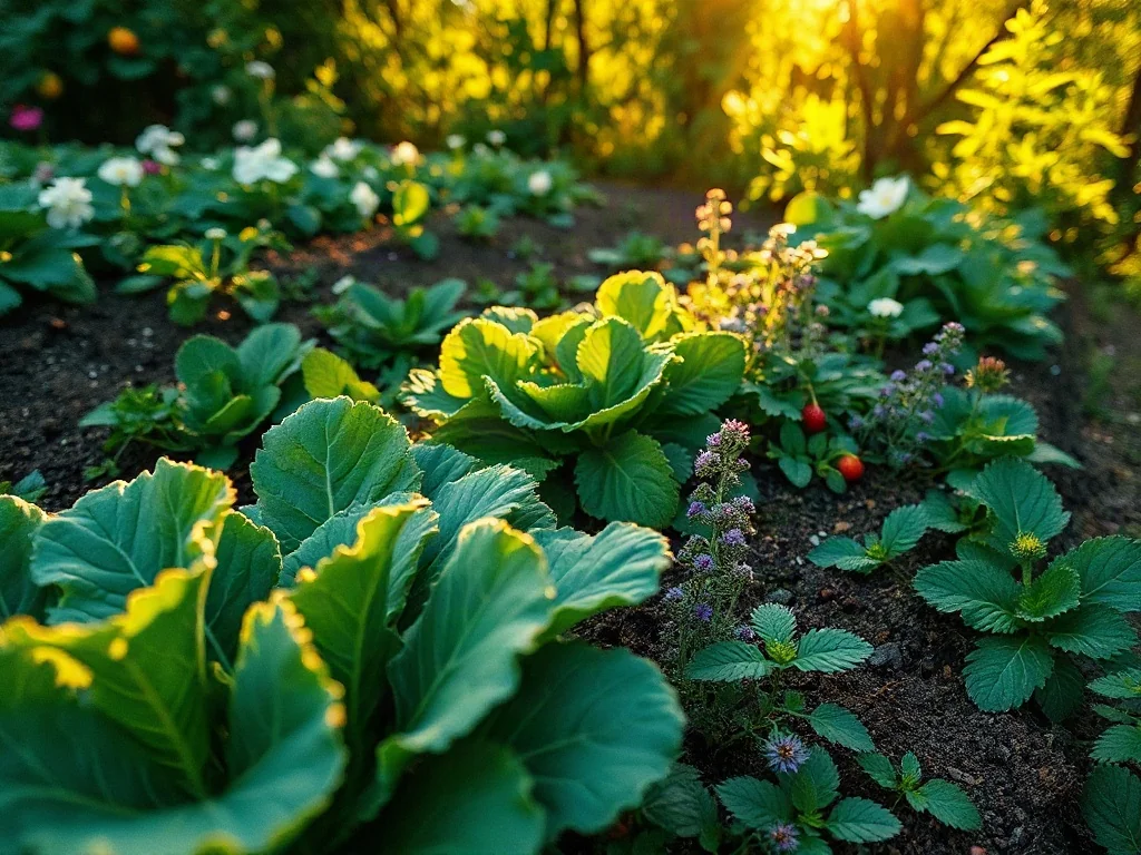 Różnorodne rośliny jadalne, takie jak jarmuż i ogórecznik, rosnące razem w naturalnym ogrodzie permakulturowym.