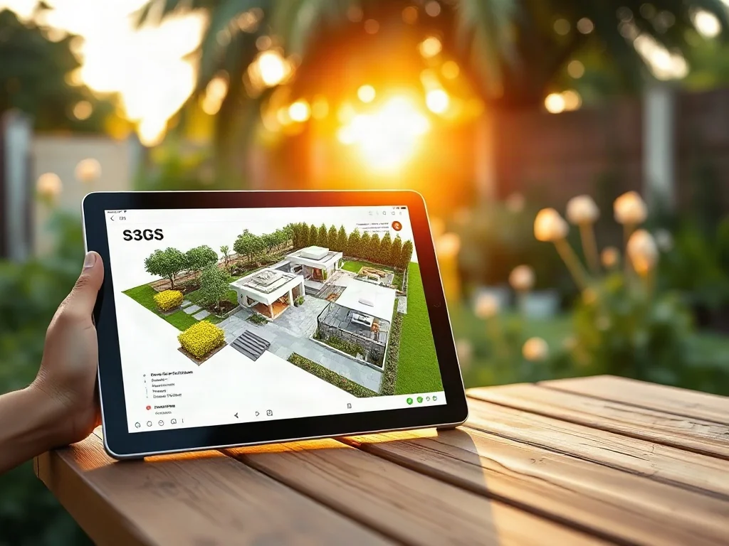 Tablet z projektem 3D nowoczesnego ogrodu umieszczony na drewnianym stole w otoczeniu naturalnej zieleni.